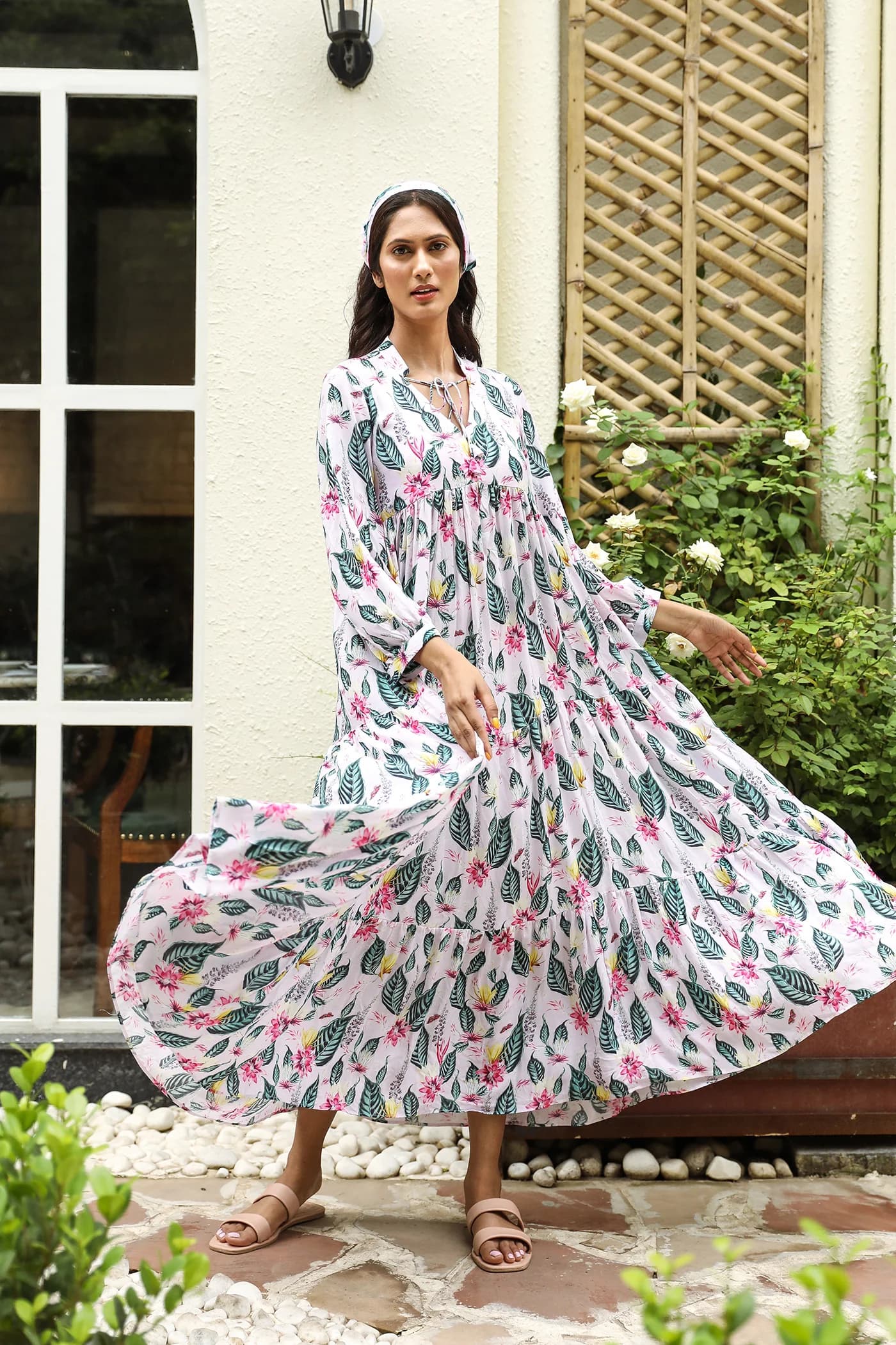 LEAF PRINT V NECK FLARED WRAP DRESS