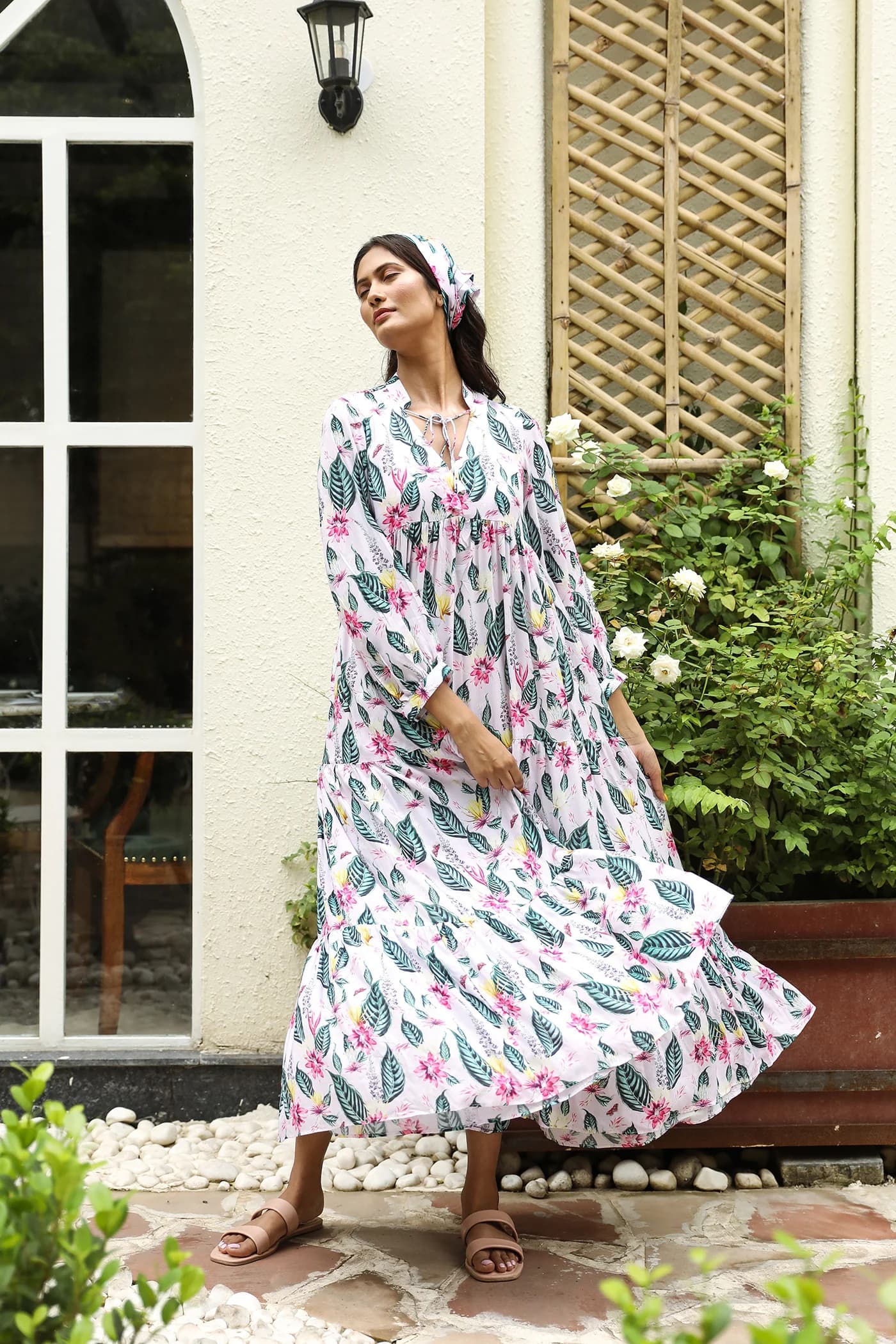 LEAF PRINT V NECK FLARED WRAP DRESS