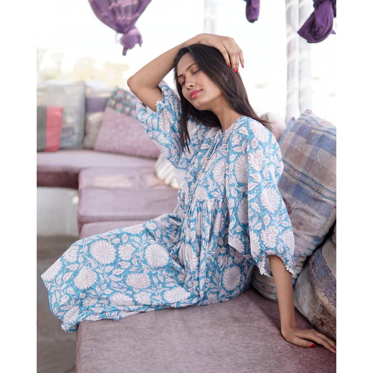 TURQ COTTON BLOCK PRINTED SUMMER MIDDI DRESS