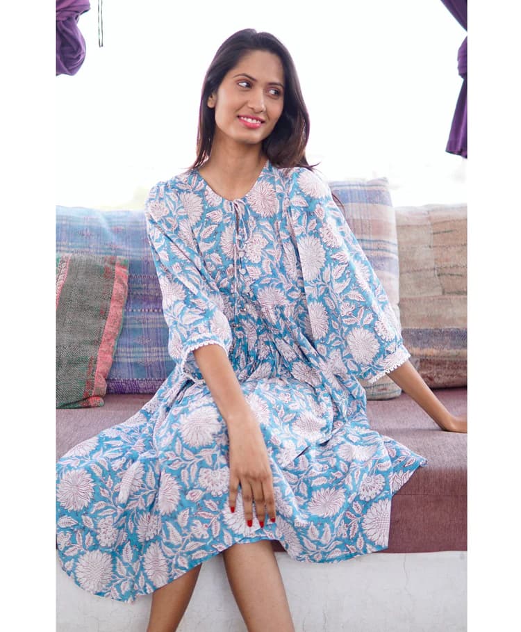 TURQ COTTON BLOCK PRINTED SUMMER MIDDI DRESS