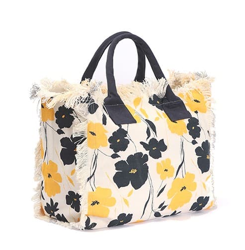 Floral Print Cotton Canvas Fringe Tote Bag