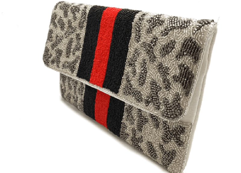 LEOPARD DESIGN BEADED CLUTCH BAG