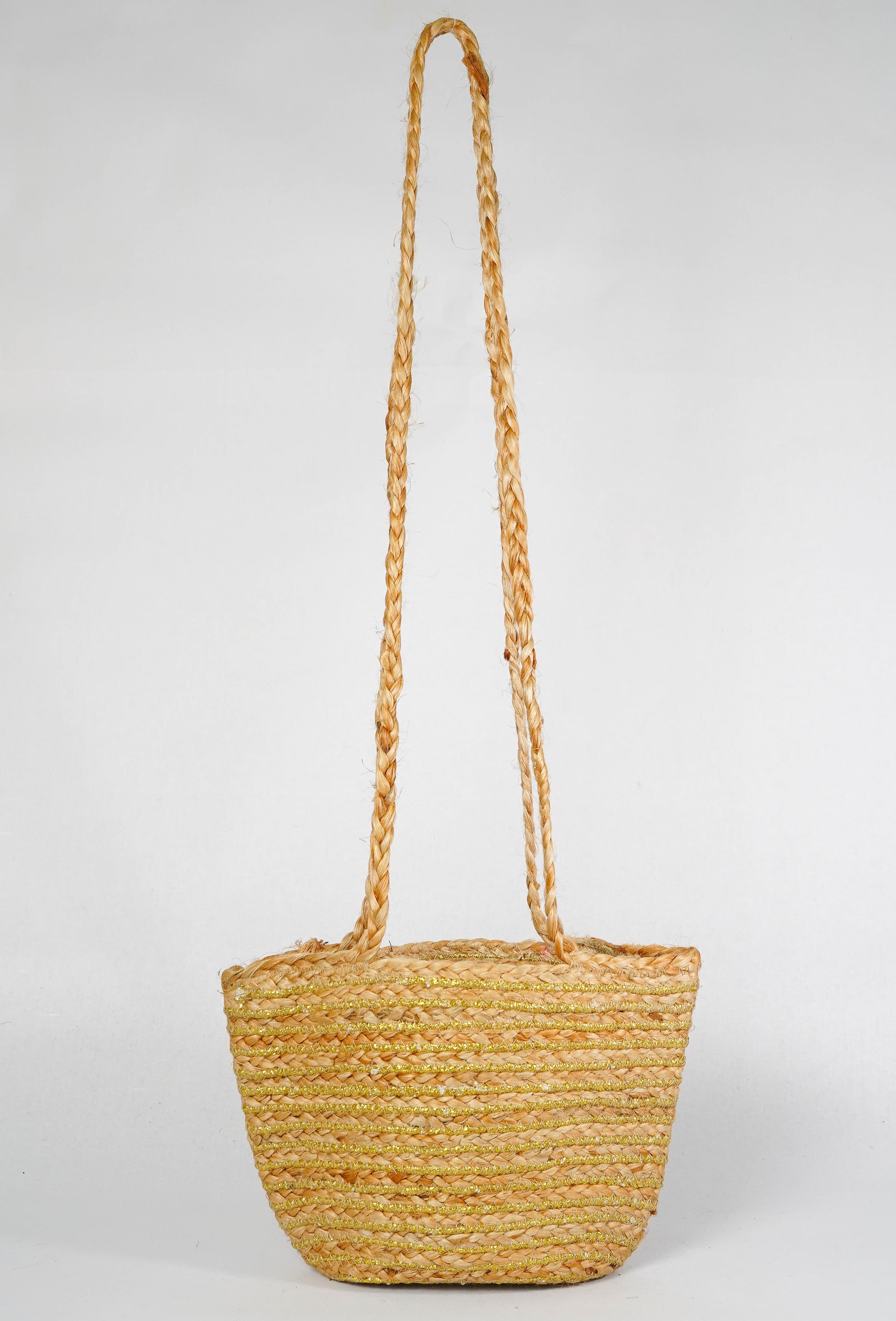 GOLDEN AND NATURAL JUTE BRAIDED CROSSBODY BAG