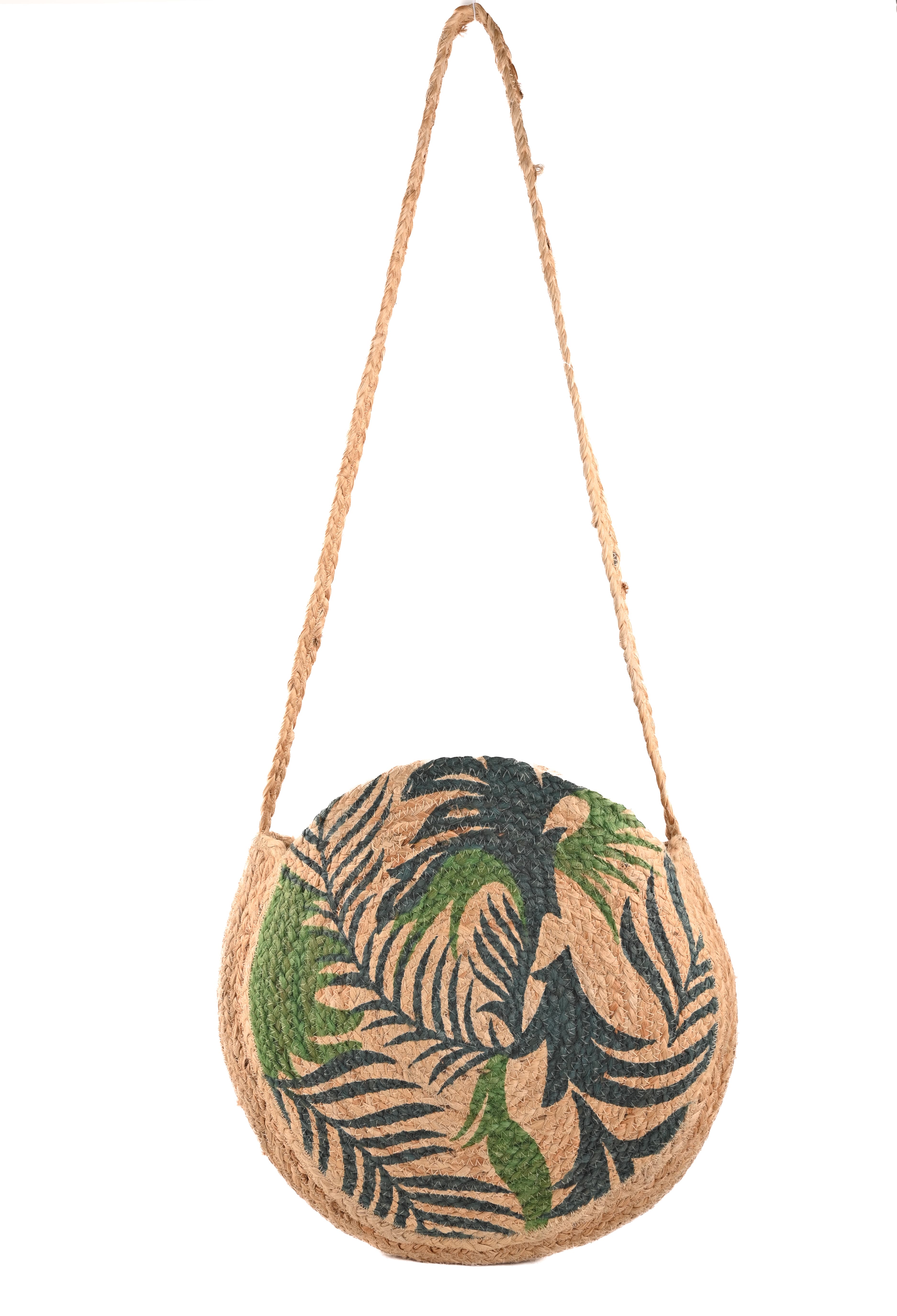 LEAF PRINT ROUND JUTE CROSSBODY BAG