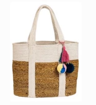 WHITE AND NATURAL JUTE TOTE BAG WITH POM POM AND TASSELS