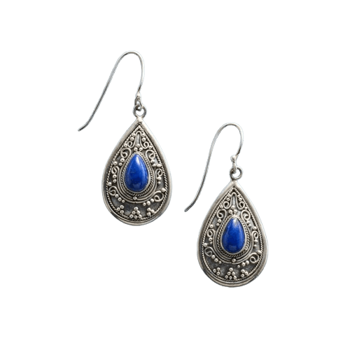 TEARDROP SILVER METAL EARRING WITH BLUE STONE