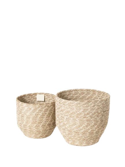 WHITE AND NATURAL WOVEN JUTE PLANT BASKET SET OF 2