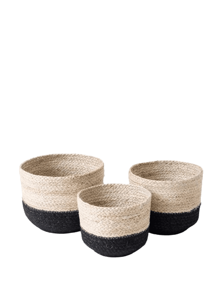 BLACK AND NATURAL BRAIDED JUTE PLANT BASKET SET OF 3