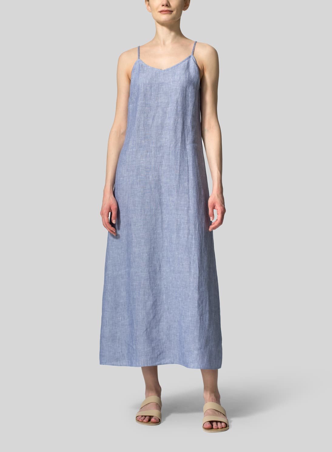 BLUE LINEN V NECK MIDI DRESS