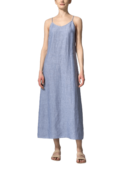 BLUE LINEN V NECK MIDI DRESS