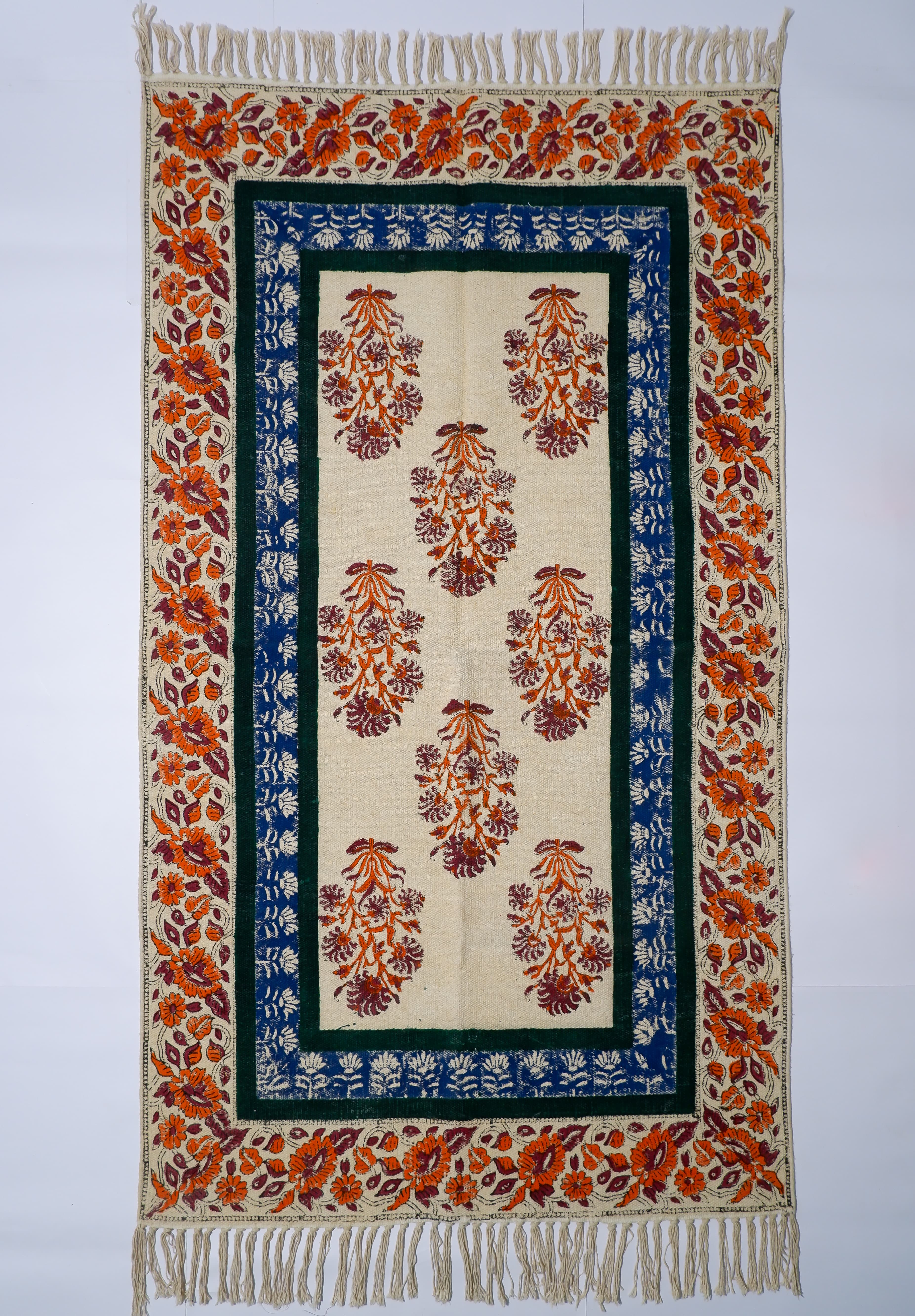 INDIAN DHURRIE FLORAL BLOCK PRINTED COTTON RUG