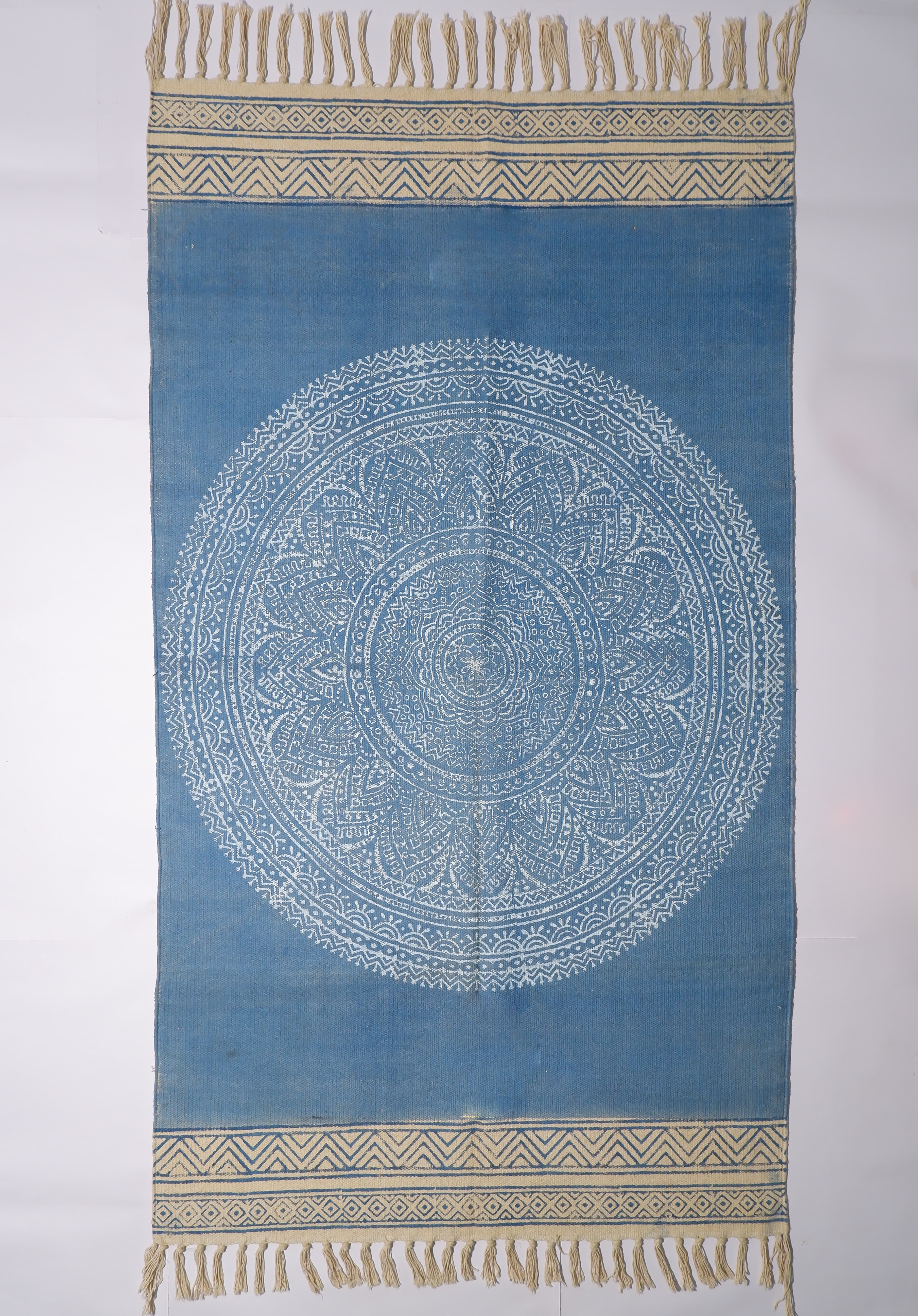 INDIAN DHURRIE BLUE MANDALA BLOCK PRINTED COTTON RUG