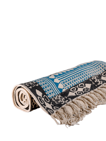 INDIAN DHURRIE BLUE AND BLACK TRADITIONAL BLOCK PRINTED COTTON RUG