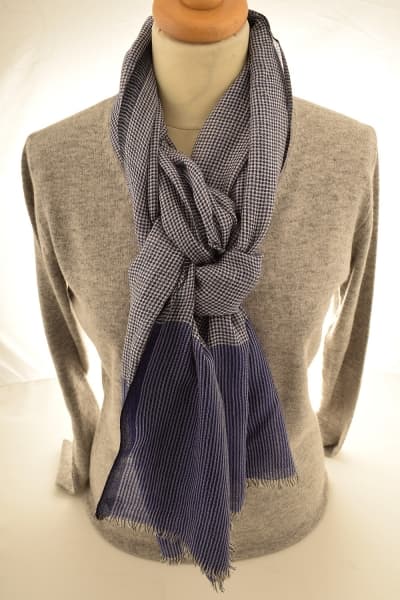 Kashmir Midnight Blue Check Merino Wool & Silk Scarf