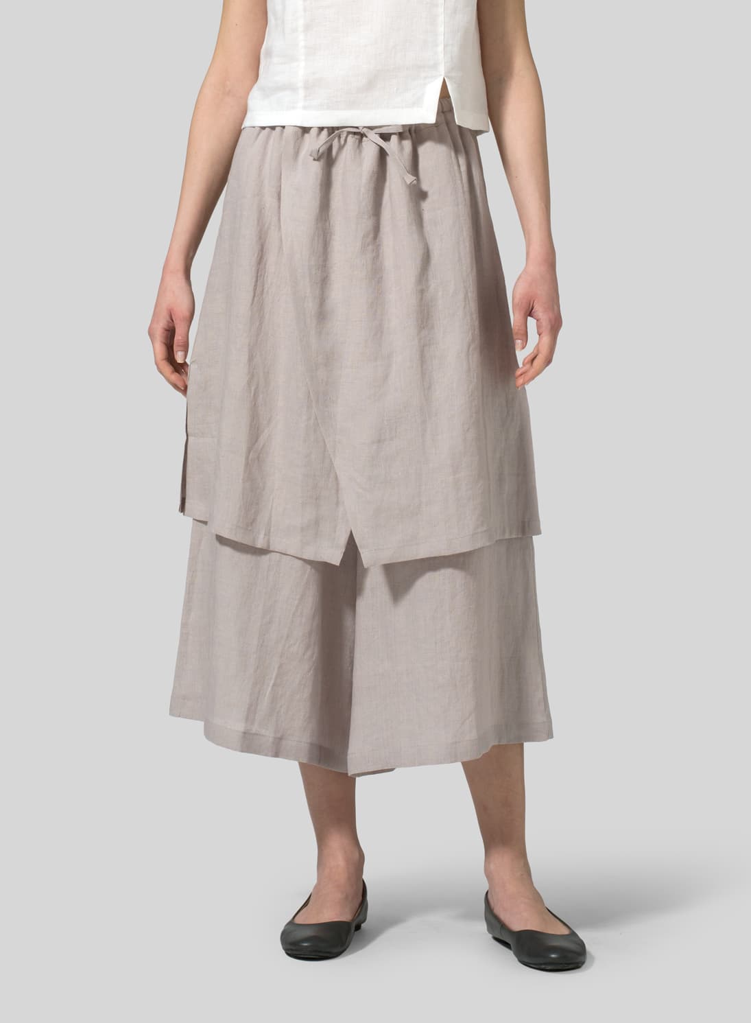 SAND BEIGE COLOR LINEN TWO LAYER DRAWSTRING LONG CULOTTES