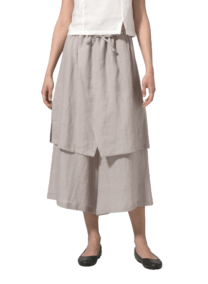 SAND BEIGE COLOR LINEN TWO LAYER DRAWSTRING LONG CULOTTES