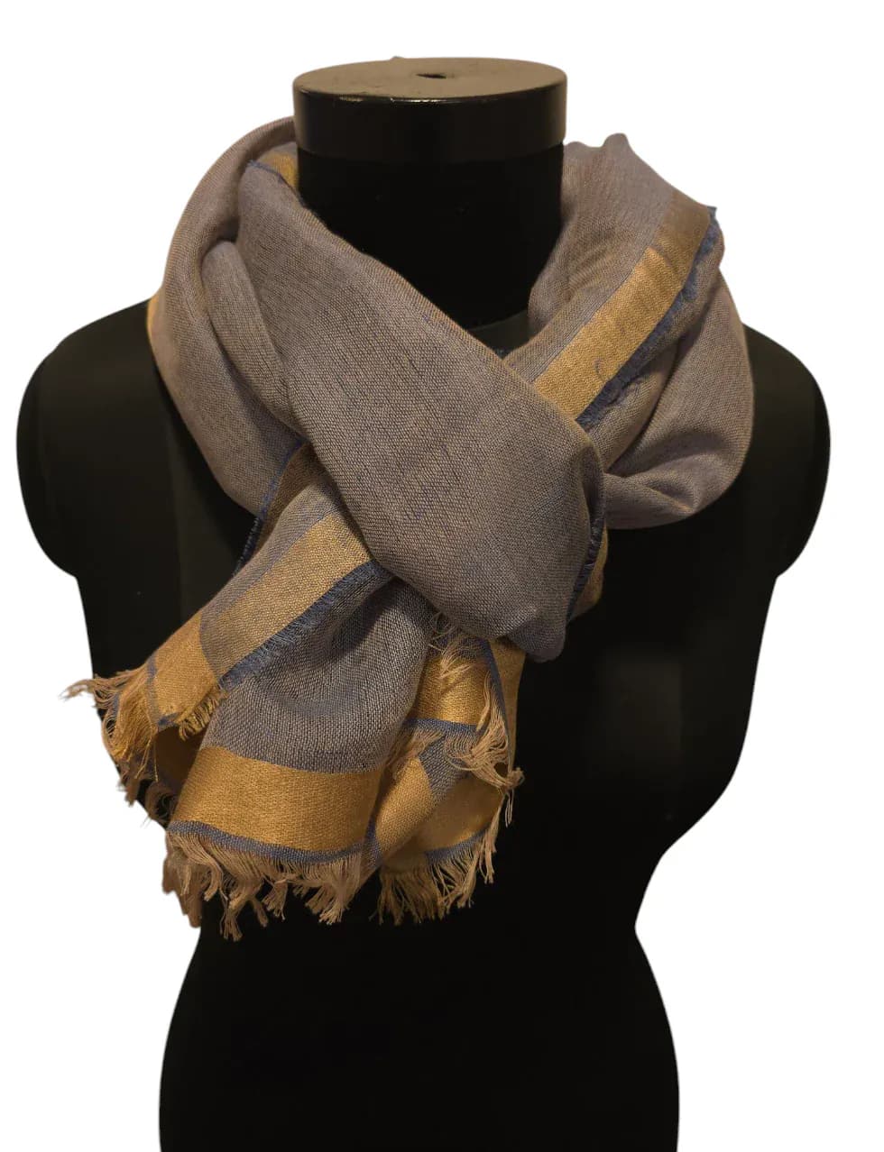 Blue melange and gold handwoven scarf in cotton and silk