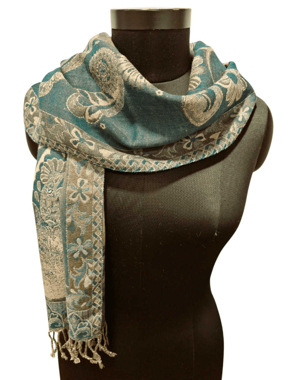 Green paisley patterned wool scarf