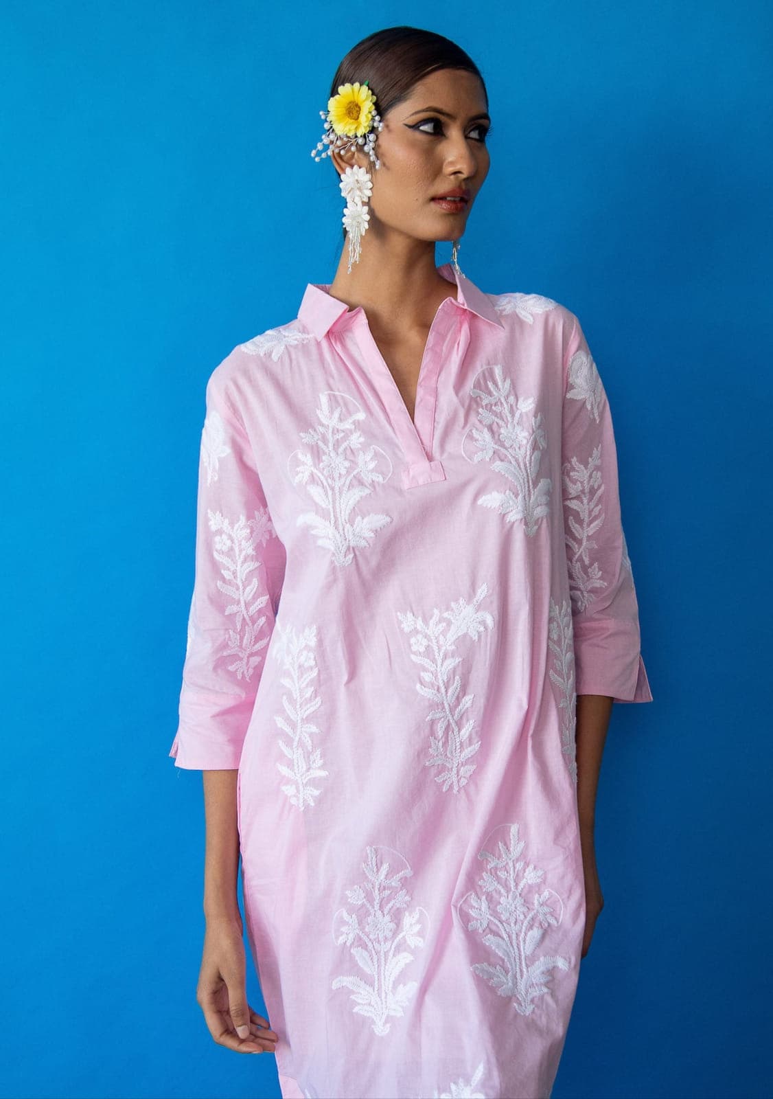 Long Tourist Dress Pale Pink with White Embroidery