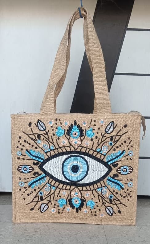 Handcrafted Evil Eye Glass Bead Embroidered Jute Tote Bag