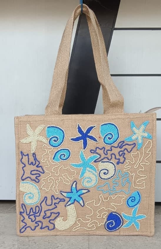 Handcrafted Coastal Glass Bead Embroidered Jute Tote Bag