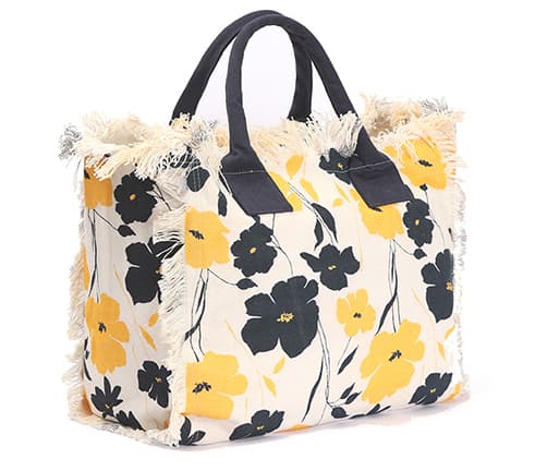 Floral Print Cotton Canvas Fringe Tote Bag