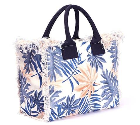 Tropical Botanical Print Cotton Canvas Fringe Tote Bag