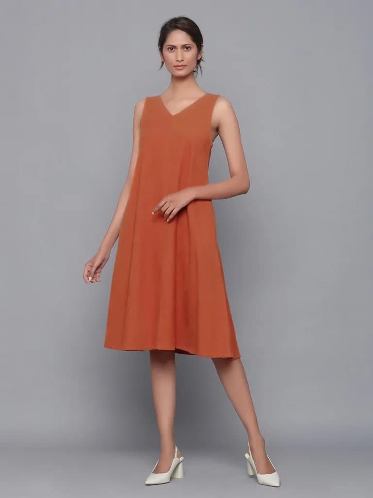 RUST COTTON MIDI DRESS