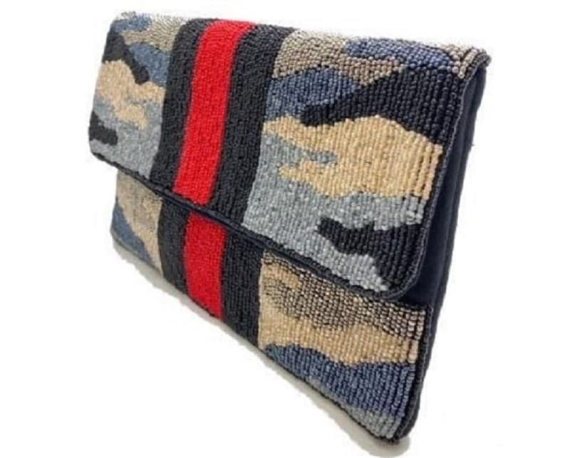 BLACK CAMO DESIGN BEADED CLUTCH BAG