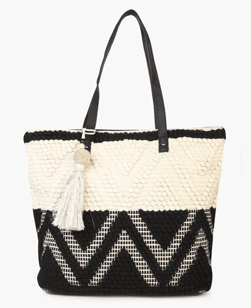 WHITE AND BLACK HAND WOVEN TOTE