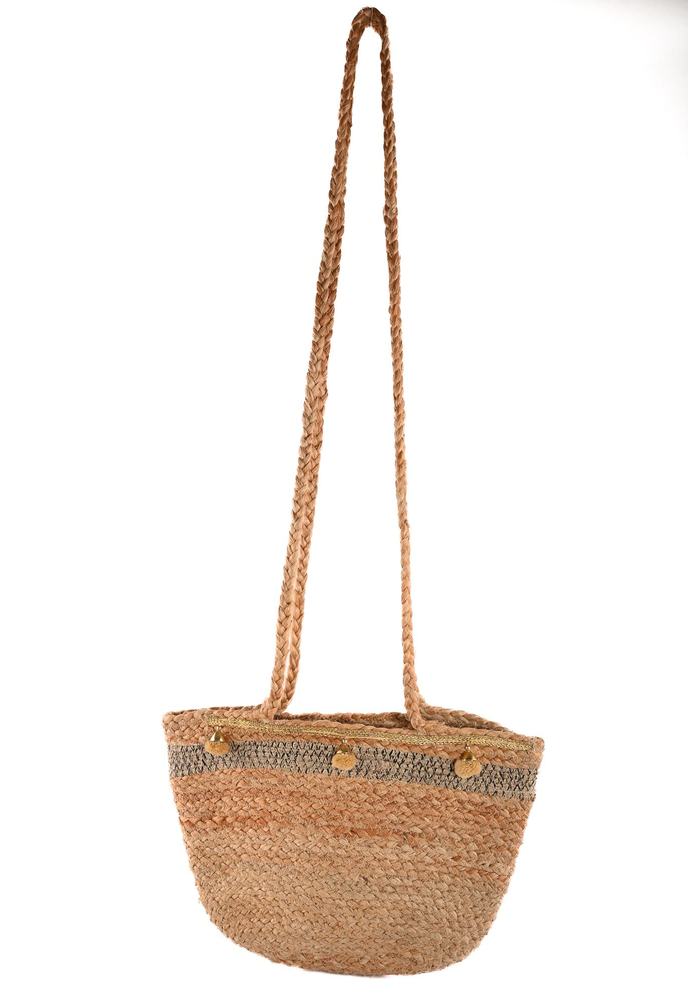 NATURAL JUTE BRAIDED CROSSBODY BAG WITH POM POM