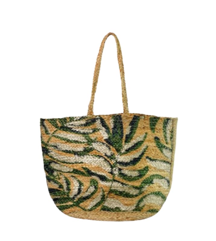 TROPICAL LEAF PRINT JUTE TOTE BAG