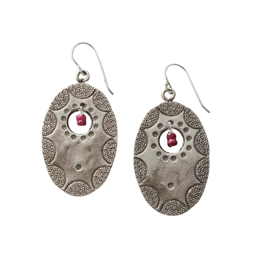 OVAL FLOWER DESIGN SILVER DANGEL EARRING