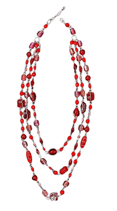 RED GLASS BEADS MULTI ROW NECKLACE