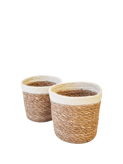 NATURAL JUTE WOVEN PLANT BASKET WITH WHITE BORDER SET OF 2