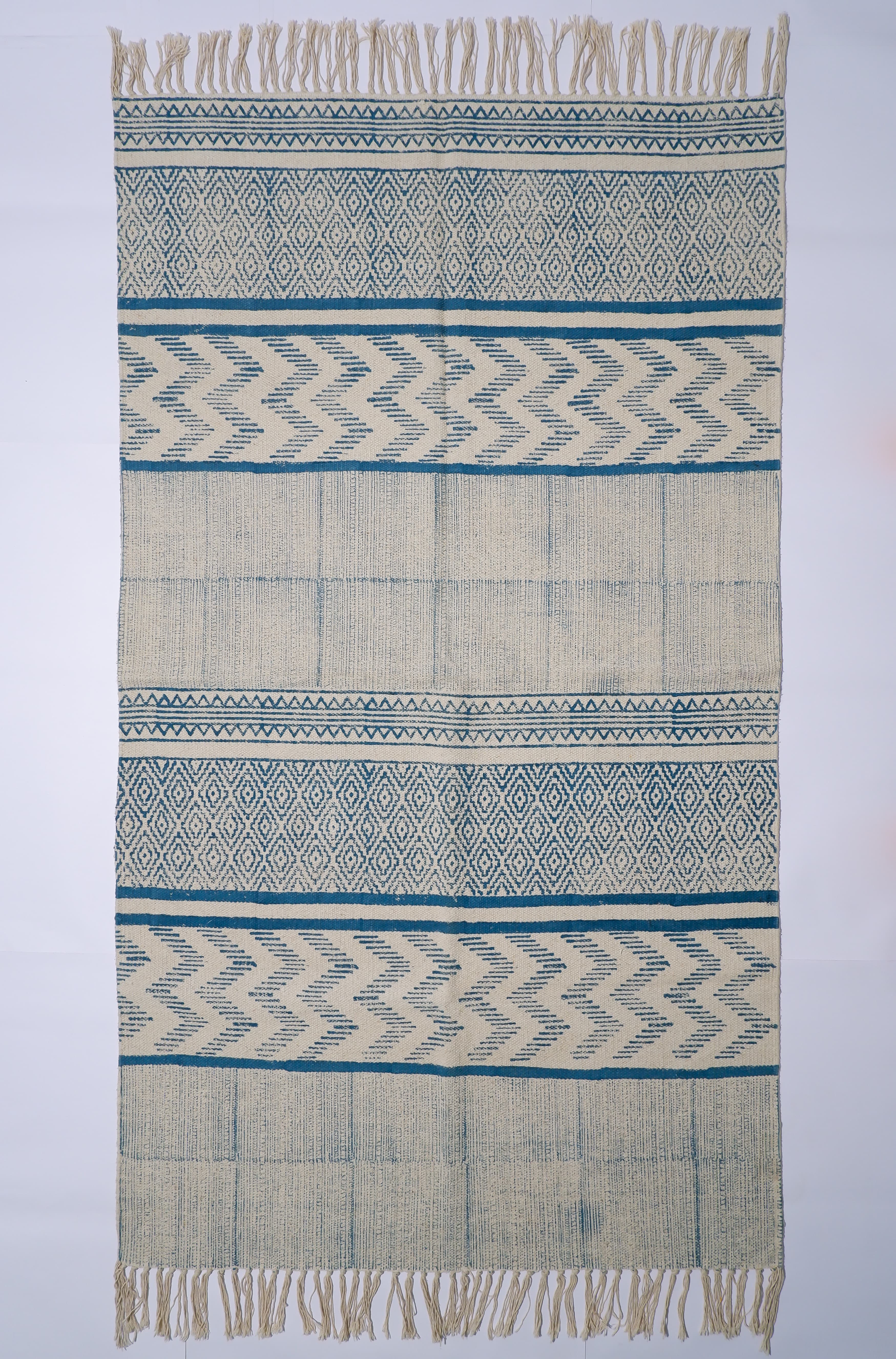 INDIAN DHURRIE BLUE STRIPES AND DIAMOND BLOCK PRINTED COTTON RUG