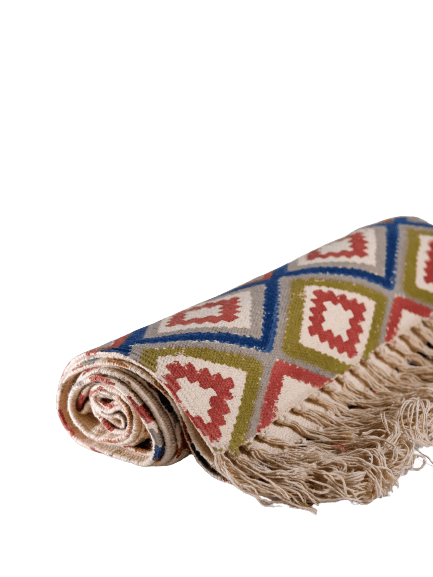 INDIAN DHURRIE MULTI SMALL DIAMONDS BLOCK PRINTED COTTON RUG