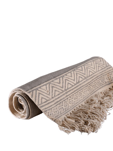 INDIAN DHURRIE GREY MANDALA BLOCK PRINTED COTTON RUG