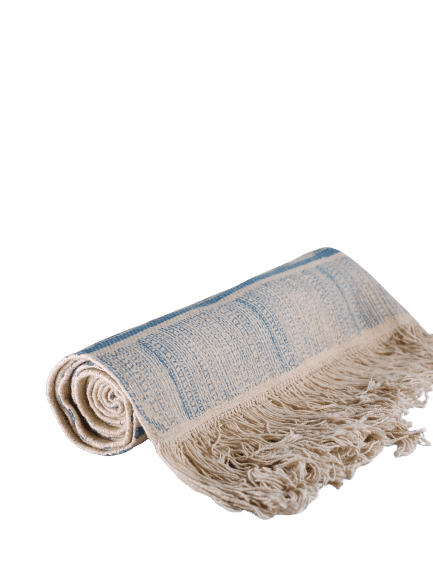 INDIAN DHURRIE BLUE STRIPES AND DIAMOND BLOCK PRINTED COTTON RUG