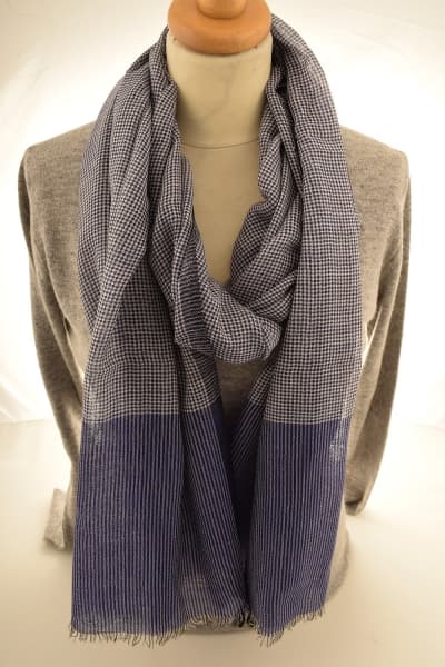 Kashmir Midnight Blue Check Merino Wool & Silk Scarf