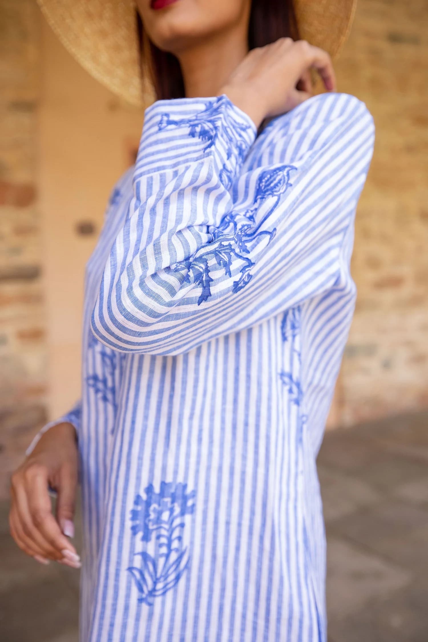 Hand Printed Stripe Linen Tunic Dress - Blue and White