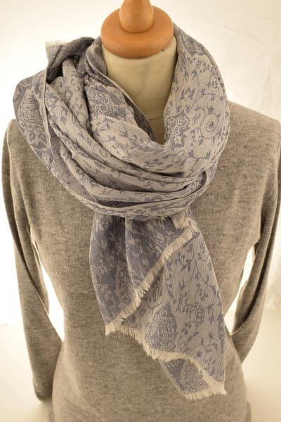 Kashmir Silver Paisley Merino Wool & Silk Scarf