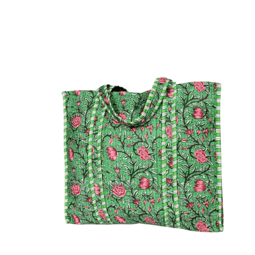Red Floral Print Green Cotton Bag