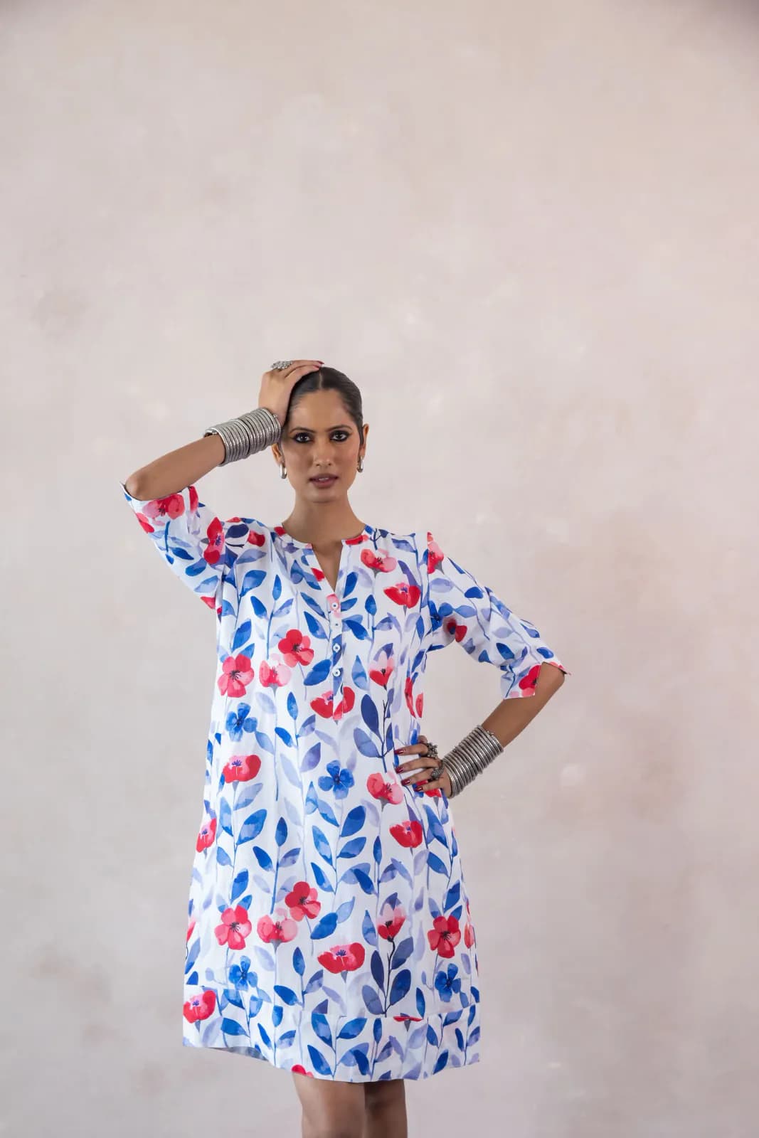 Daisy Leaf Print Tunic Classic Dress Linen Multi
