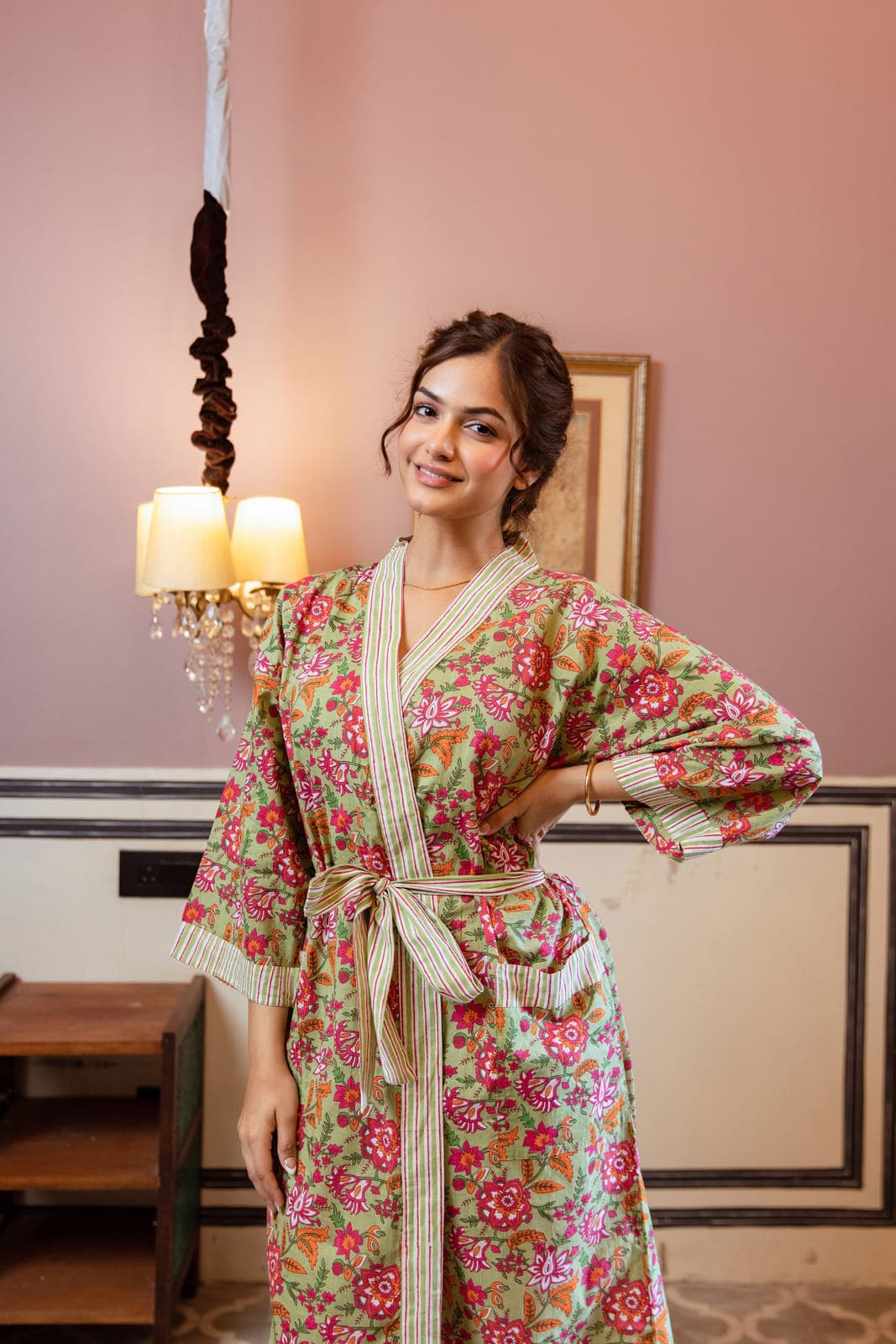 GREEN & PINK FLORAL VINE COTTON ROBE