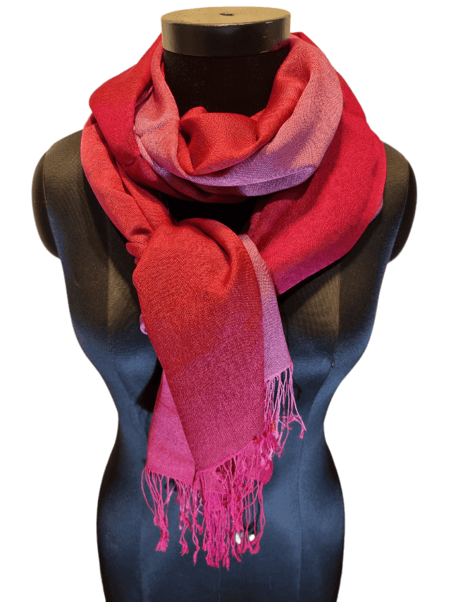 Mulberry silk cashmere scarf in fuchsia, red and burgundy colors