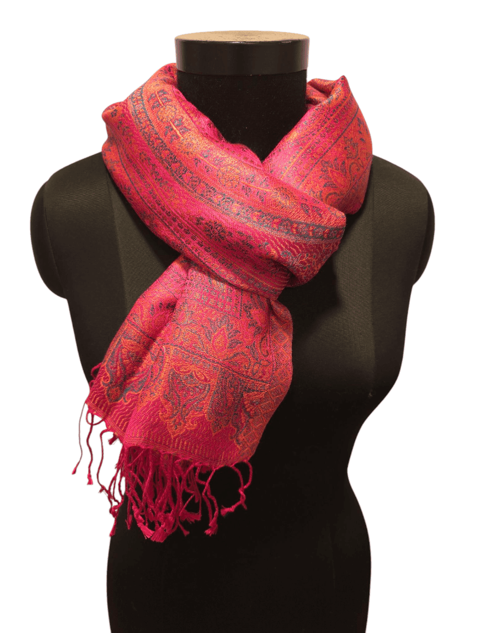 Jacquard-woven cerise-colored silk scarf