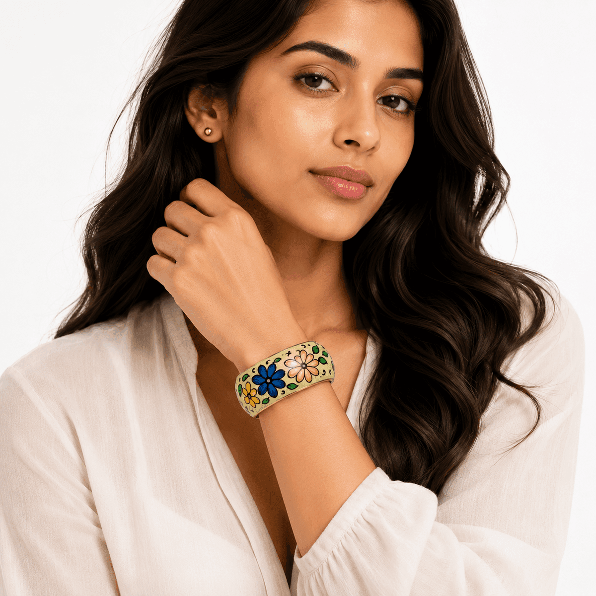 Meadow Bloom Hand-Painted Brass Bangle