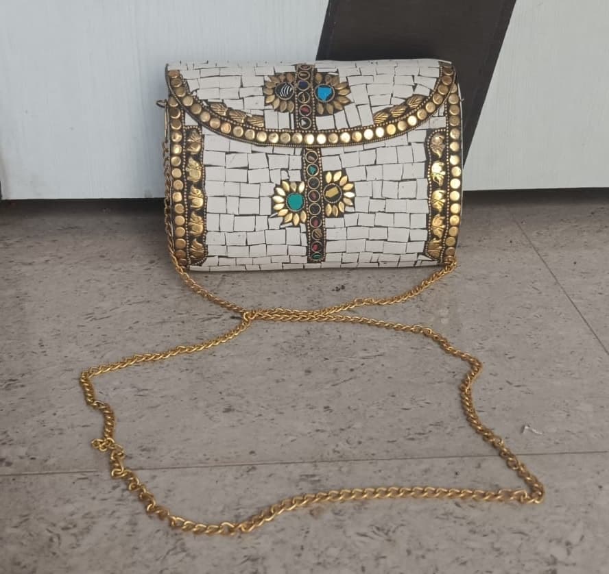 Handcrafted Ivory Mosaic Brass Evening Clutch